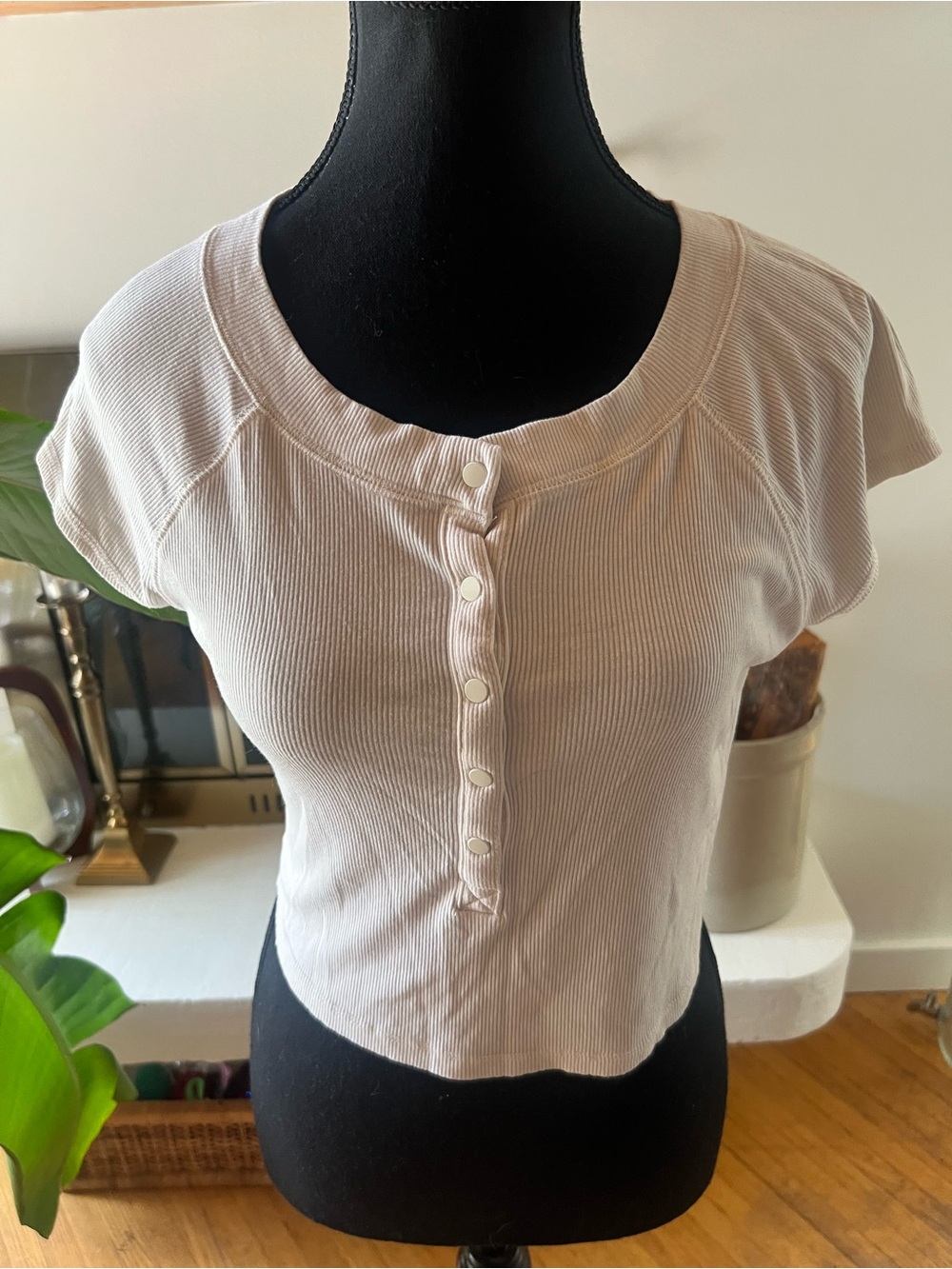 Mono B Ribbed Button-Front Crop Top in Light Beige